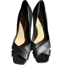 VIA SPIGA Stacked Heel Pumps Womens 7 Black Leather Classic Career Open Toe Shoe