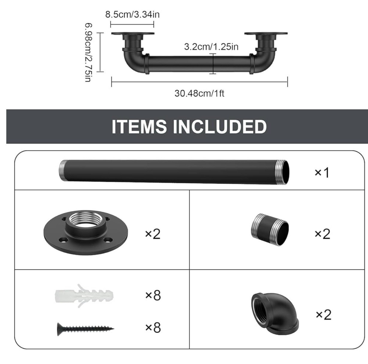 1FT Industrial Staircase Handrail Non-Slip Pipe Bar Foot Rail Wall Mount Stair