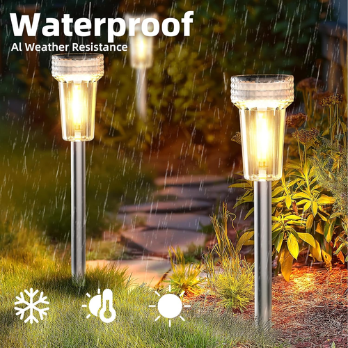 Solar Lights Outdoor 8 Pack Pathway Stainless Steel Pole Waterproof Starburst - Picture 2 of 8