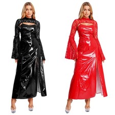 Women Medieval Gothic Glossy PU Dress for Vampire Witch Cosplay Costume Clubwear