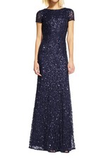 ADRIANNA PAPELL Scoop Back Navy Short Cap Sleeve Sequin Mesh Gown Size 14