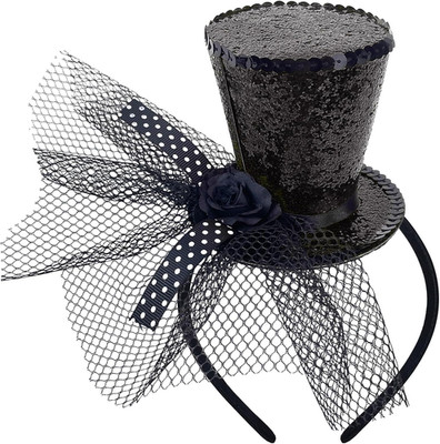 Black Sequin Mini Top Hat on Headband with Veil for Women EDM Music Festival Hal