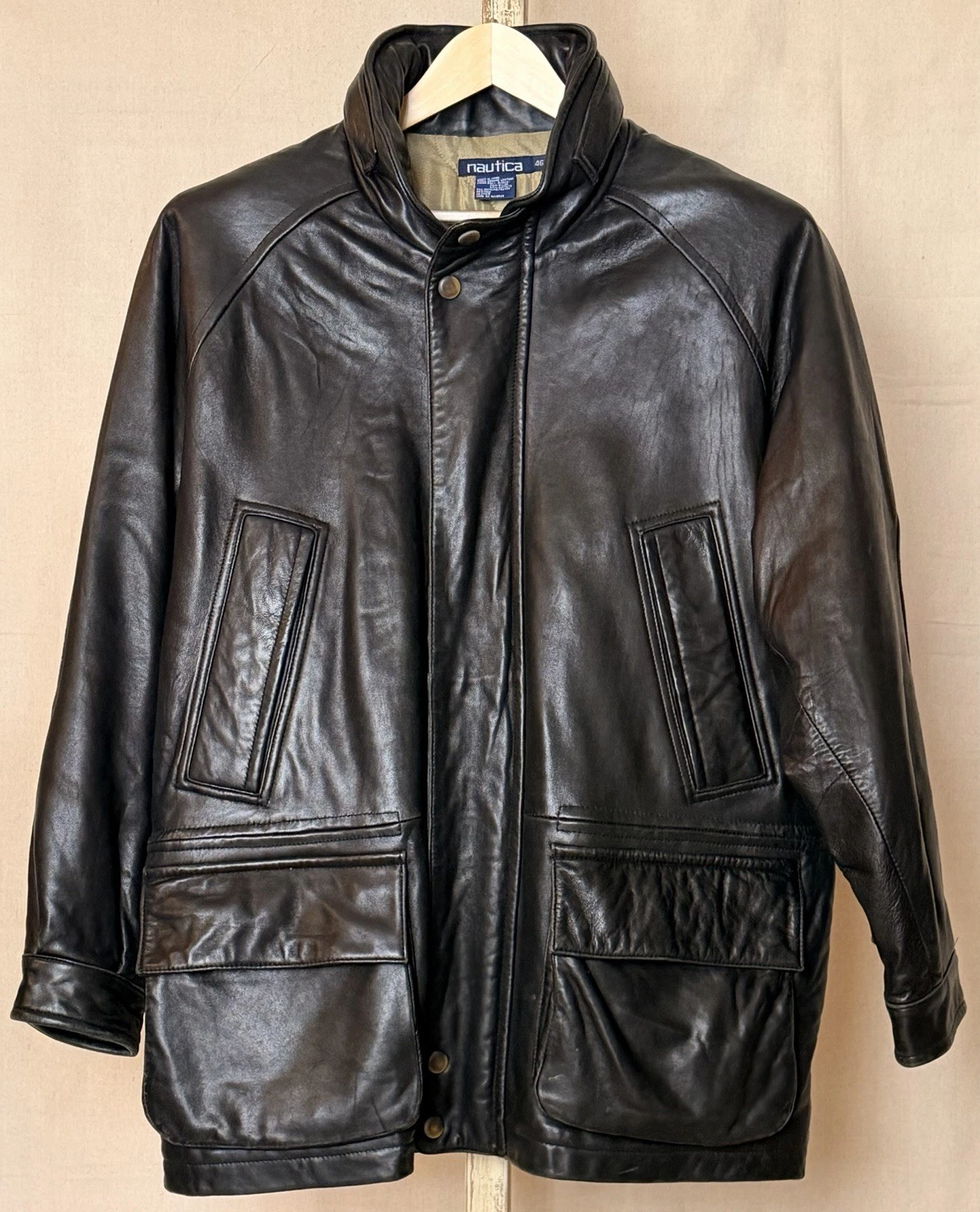 VTG 90s Nautica Black Leather Field Jacket Mens Size 46 Packable Hood Coat EUC