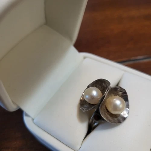 Vintage Sterling Silver Double Pearl Floral Ring British? Marks RP