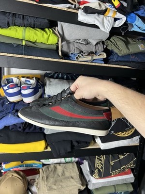   Gucci Falacer Web Leather Sneakers   Black/Green/Red   Size 8.5