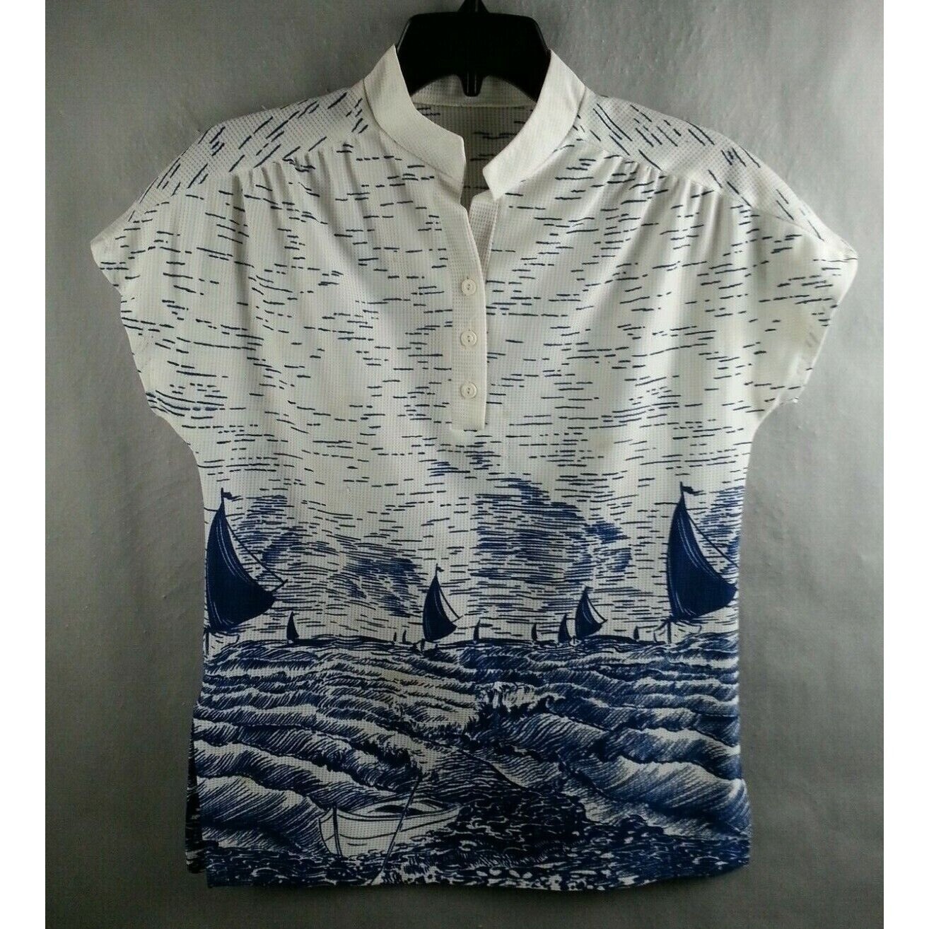 Vtg Sleeveless Sailing Sailboat Shirt White Blue Mens Polo