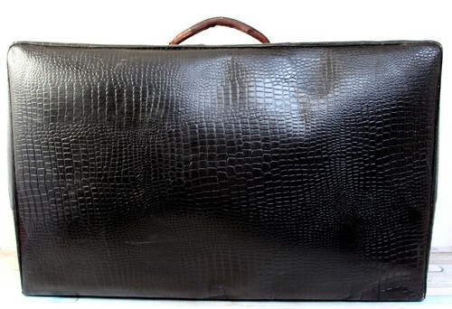 VTG Aristocrat 26" BLACK CROCO EMBOSSED GENUINE LEATHER STITCH SUITCASE LUGGAGE