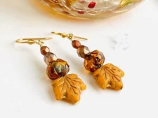 Czech Glass Maple Leaf Fall Earrings, Handmade Autumn Earrings, Fall Jewelry