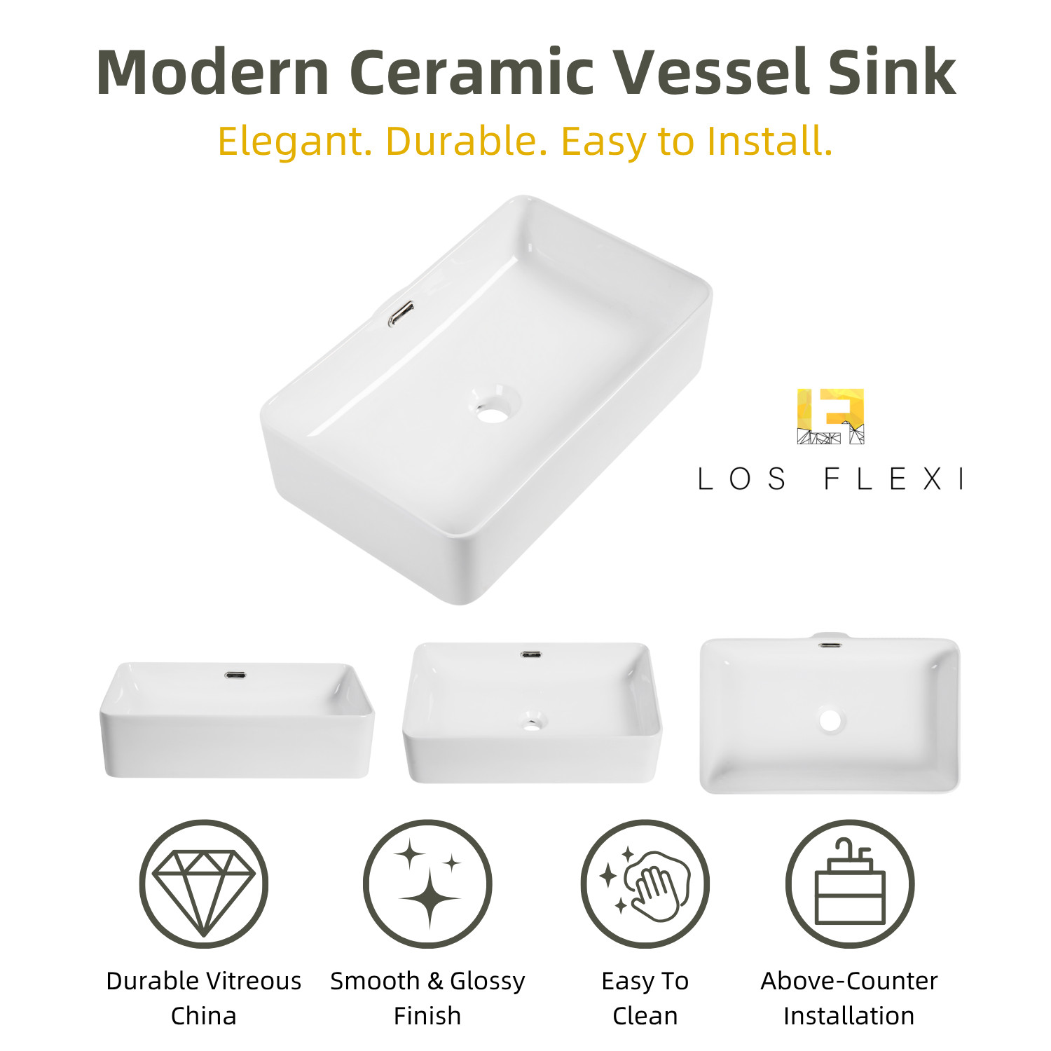 Los Flexi 22" x 13" White Porcelain Rectangular Vessel Sink with Rear Overflow
