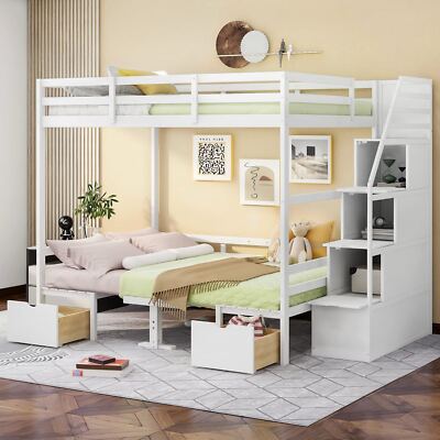 Full Over Full Bunk Bed w/ Storage Staircases Kids Bunk Beds Loft Bed Table Sets