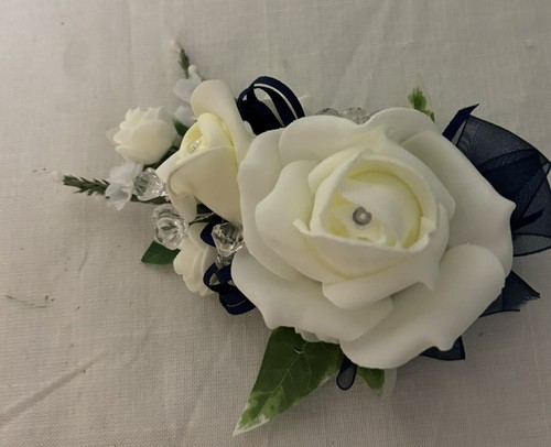 Corsage Single Navy & ivory rose wedding flowers Artificial Diamanté Magnate New