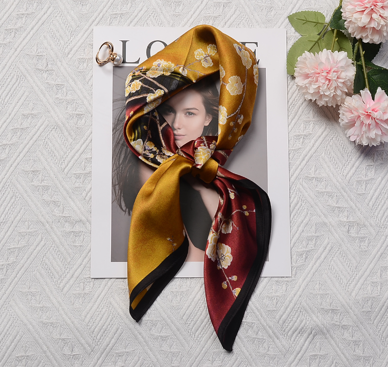 100% Silk Mulberry Scarf 68x68cm Women's Square Bandana with Red Yellow Floral Design