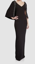 880 Badgley Mischka Womens Black Short Cap Sleeve Beaded Cape Gown Dress Size 6
