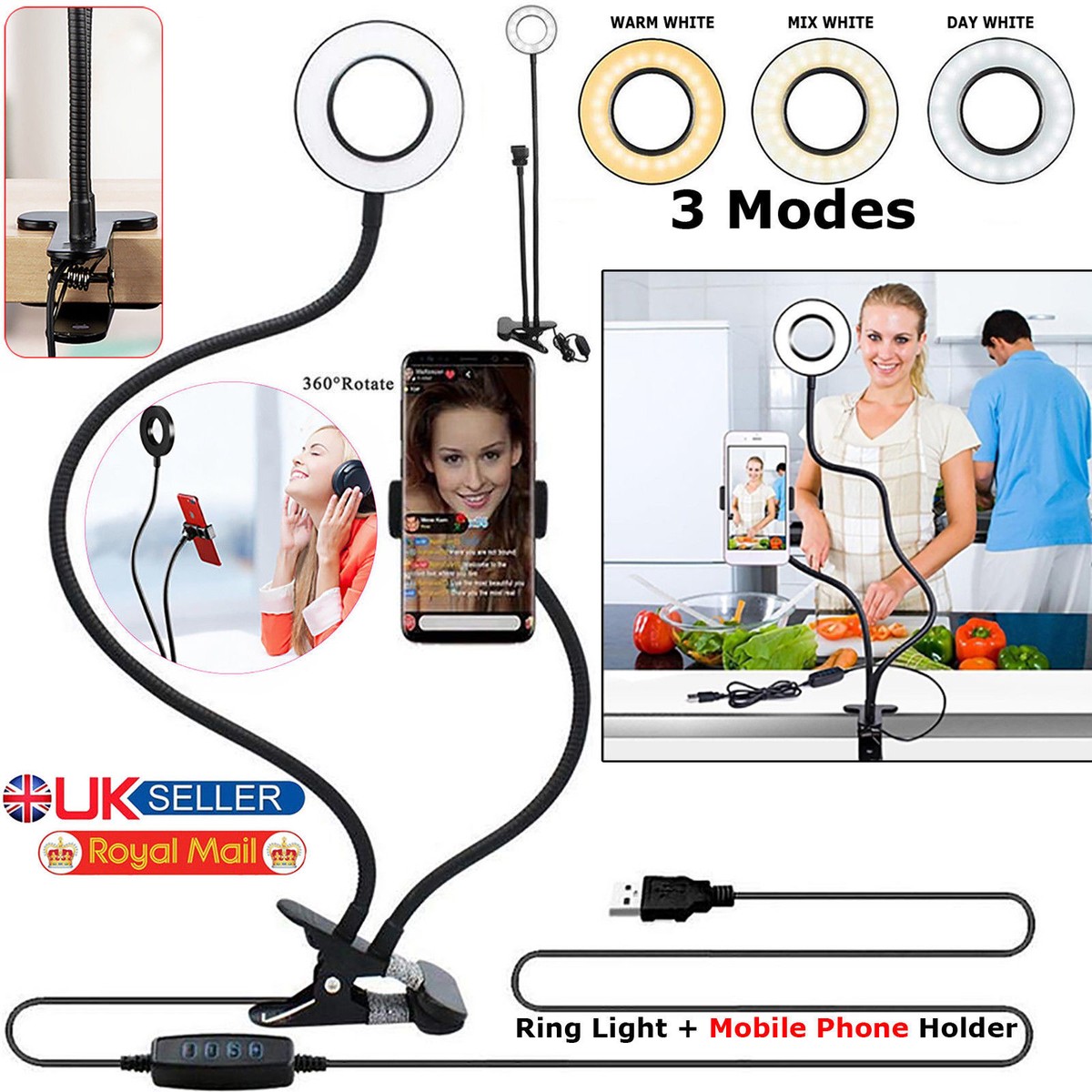 24'' LED Selfie Ring Light With Cell Phone Holder Long Arm USB Clip Makeup  Live