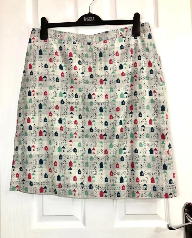 White Stuff Quirky Kitsch Style House Print Linen Cotton Skirt Size 12 uk