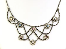 VTG FLOWER BIB Necklace Art Deco Victorian Revival Style Multi Color Rhinestone