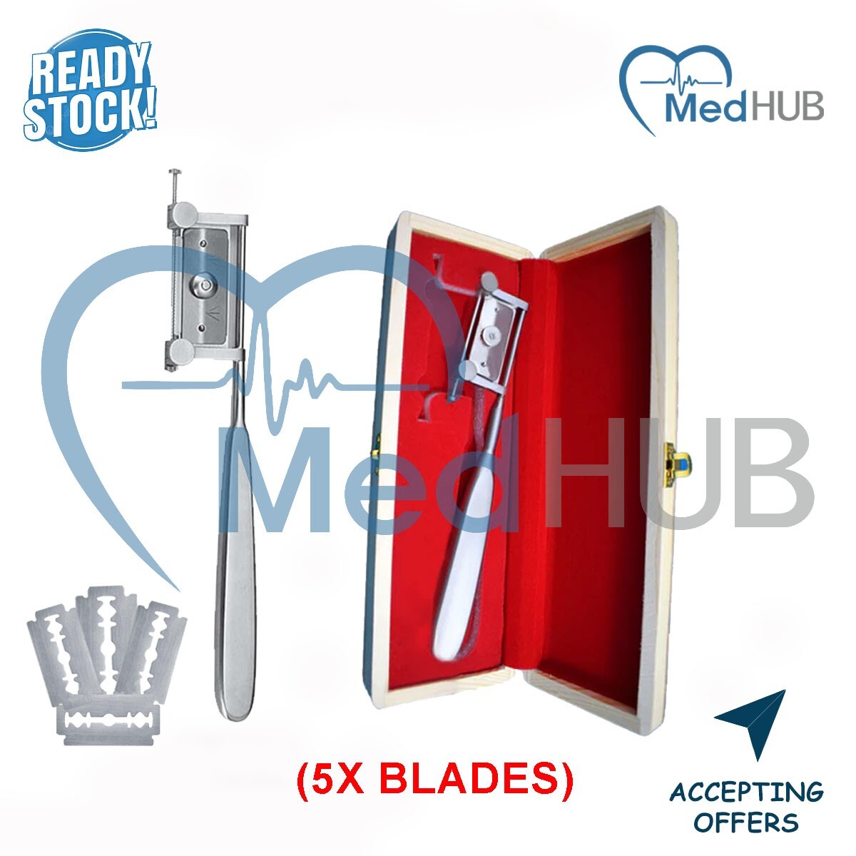 Mango de cuchillo de injerto de piel con 5 cuchillas de piel de dermatoma y caja de madera de alta calidad