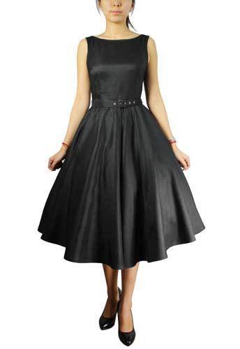 BLACK SLEEVELESS BELTED DRESS LADY RETRO VINTAGE PROM 50s STYLE PINUP - Picture 1 of 4
