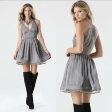 NWT BEBE GRAY LACE BACK METALLIC STRIPE FIT & FLARE DRESS SZ 4