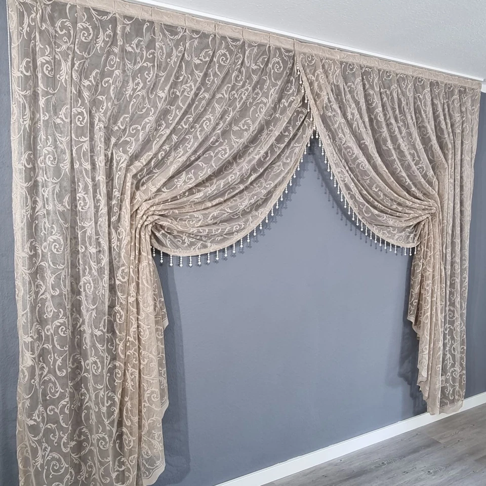 Boncuklu Kruvaze Perde Vorhang Fertiggardinen mit Perlen Faltengardine Tül Beige - Bild 2 von 4