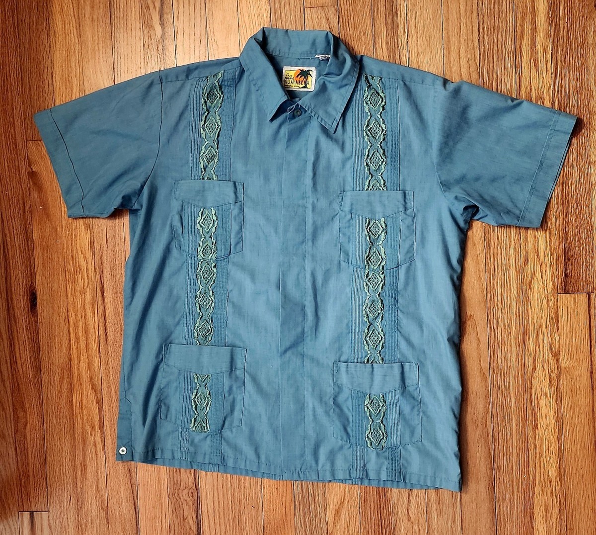 Vintage Haband Guayabera 4 Pocket Cuban Shirt Button up Large Blue