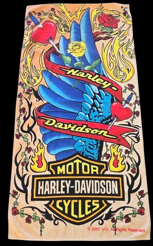 Harley Davidson Blue Wings Roses Hearts Dagger Beach Bath Towel 54 X 27 2007 HTF
