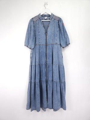 Scamp & Dude Dress Size 16 Blue Pale Indigo Denim Zip Front Puff Sleeve Midi