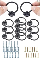 12pcs Black Round Ring Cabinet Drawer Pulls, Zinc Alloy Handles, Single Hole