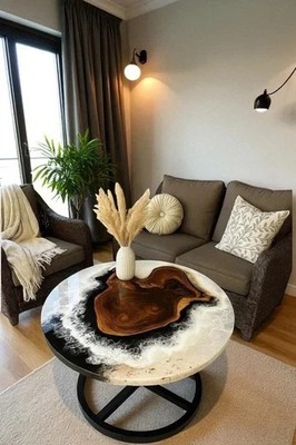 18'' Round Resin Art Coffee Table Walnut Wood & White Epoxy Table Unique Living