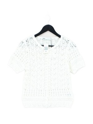 Zara Damen Top M Weiß Baumwolle mit Polyester Kurzarm Rundhals Basic
