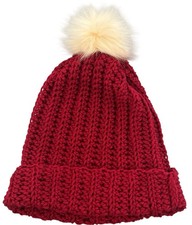 Crochet Ribbed Beanie With Faux Fur Pom Pom - Adult Size Cranberry
