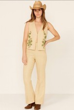 60's Vintage Prior Western Vest Pant Set Cowgirl Embroidered Yellow Bootcut