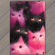 Art Print Fluffy Black And Pink Cats With Bright Eyes Cute Feline Group