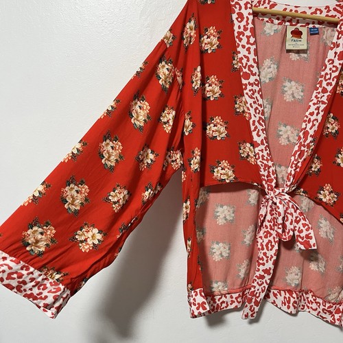 Anthropologie Farm Rio Red Coral Floral Kimono Tie Front Top OS Swim Coverup - Picture 4 of 7