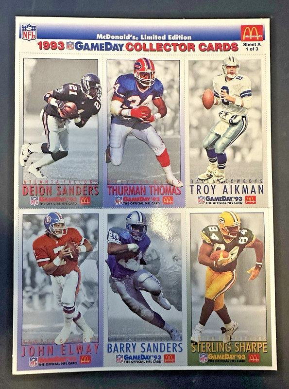 McDonald's 1993 GameDay Collector Cards NFL Sheet A1 Deion, Aikman, Elway