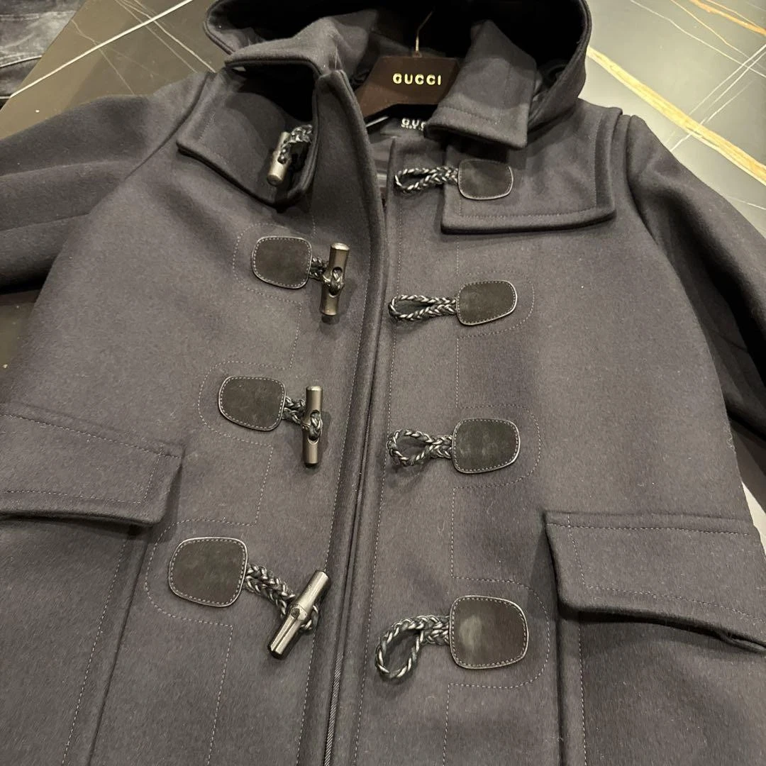 Gucci cappotto nero misto lana cappuccio taglia US 44 46 uomo nuovo