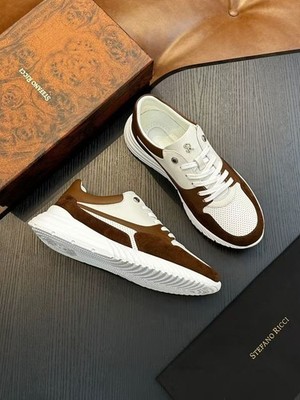 Stefano Ricci White Brown Leather Suede Sneakers Designer Sport Shoes NWT