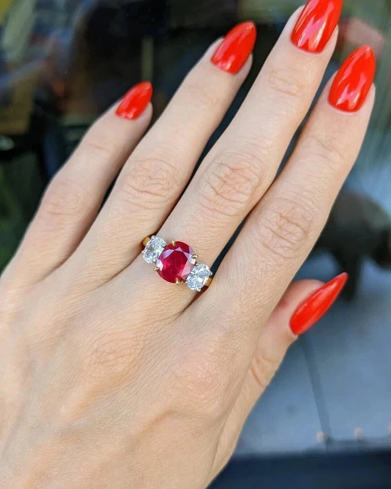 3.30Ct Natural Oval Cut Ruby Diamond Bridal Engagement Ring Real 14K Yellow Gold - Image 4 of 4