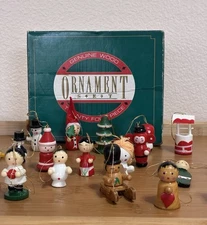 Vtg 70s Miniature Wooden Ornaments Christmas Tree Snowman Santa 24Assorted Lot