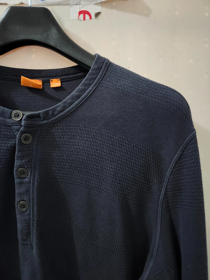 Hugo Boss Naranja Shrit Para Hombres L Azul Henley Manga Larga Textura Elastizada Talla Grande Foto 4 de 4