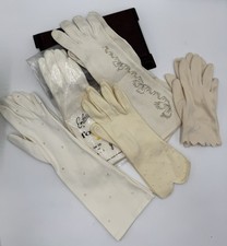 Vintage Ladies Gloves-Five Sets Various Length Ivory W Embroidered Accent size S