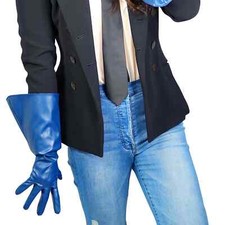 38cm Unisex Navy Blue Gloves Faux PU Leather Puff Sleeve Deep Blue Cosplay