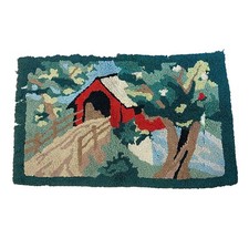 Handmade VTG Hooked Rug Covered Bridge Country 21x35 MCM Retro "Aunt Lydia"