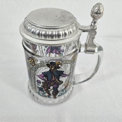 Vtg BMFN Three Musketeers Painted Glass Pewter Lidded Beer Stein 7" W. Germany