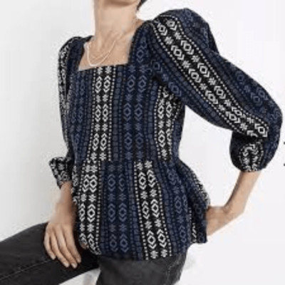 Madewell Lightspun Millbrook Puff-Sleeve Peplum Top in Geo Print Size S NWT