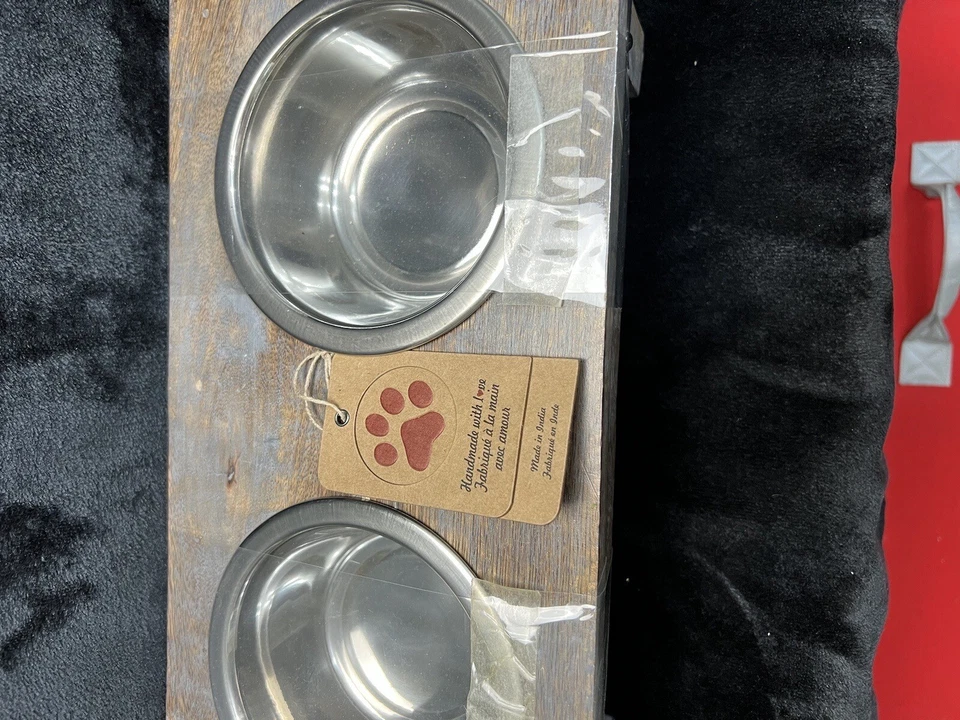 Plato de madera hecho a mano en la India para perros soporte de madera y cuencos de aluminio NUEVO CON ETIQUETAS Foto 4 de 4