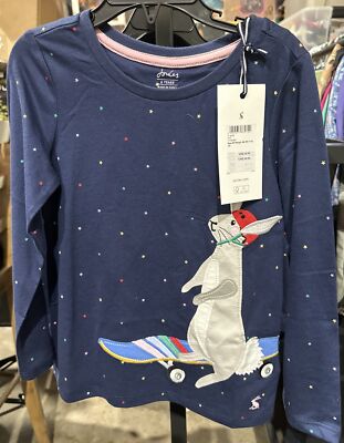 NWT Joules Ava Navy Long Sleeve Tee with Rabbit on Skateboard Applique Size 6