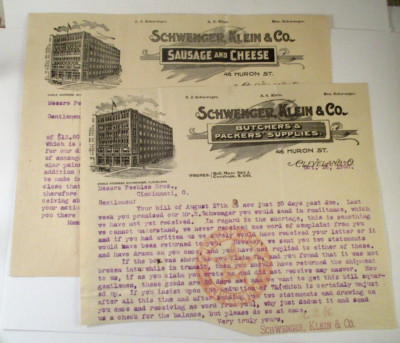 (2) c. 1900 SCHWENGER KLEIN & CO BUTCHERS SAUSAGE & CHEESE CLEVELAND OH LETTERS