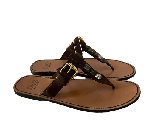 D&G Women's Brown Leather Studded Thong Sandals Made in Italy Size EUR 38.5 US 8 - Picture 3 of 8