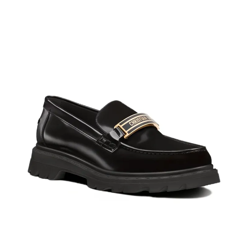 Dior Code Black Brushed Calfskin Leather Gold Logo Platform Loafer